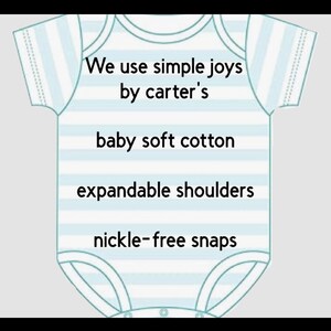 May include: A baby onesie in a light blue and white striped pattern. The onesie has the text "We use simple joys by carter's", "baby soft cotton", "expandable shoulders", and "nickle-free snaps".
