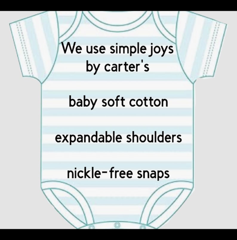 May include: A baby onesie in a light blue and white striped pattern. The onesie has the text "We use simple joys by carter's", "baby soft cotton", "expandable shoulders", and "nickle-free snaps".