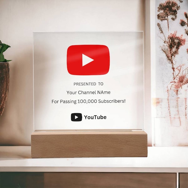 Plaque personnalisée YouTube Play Button carrée en acrylique