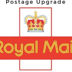 May include: Royal Mail logo with a red background and the text "Royal Mail" in yellow. A gold crown with red jewels is above the text.