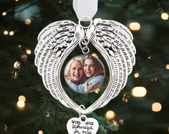 Photo Memorial Christmas Tree Charm Personalised Image Tree Decoration - Angel Wings Memorial Christmas ornament In Loving Memory Photo Gift