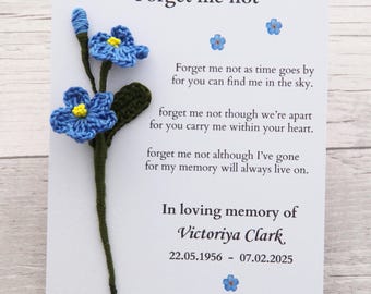 Personalised forget me not flowers & Card,Handmaid knitted flowers,Memorial gift ,Sympathy,Thinking of you gift, Remembrance Funeral gift
