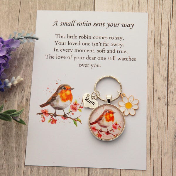 Robin Memorial Keyring with Poem Card ,Robin appear keying mum dad nanny granddad, Remembrance Keepsake for mum dad Sympathy Pocket Gift