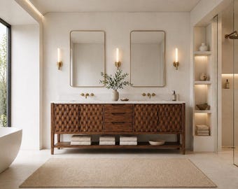 Tocador de baño de nogal macizo de 72” – Puertas geométricas talladas a mano – Tocador moderno con doble lavabo – Tocador de madera de lujo – Diseño de postes y pilares