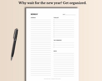 Puede incluir: Un planificador diario minimalista con el texto "Minimalist Daily Planner" y "Why wait for the new year? Get organized." El planificador incluye secciones para horario, lista de tareas y notas. Un bolígrafo negro está a la izquierda. El planificador es de tamaño A5 y A4, imprimible y tiene 28 páginas.