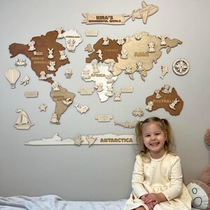 Hölzerne Weltkarte der Tiere für Kinder Montessori-Pädagogische Wanddekoration, Geographiekarte, Kinderzimmer-Spielzimmer-Babygeschenk, interaktives Lernspielzeug WMA1
