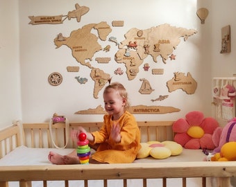 Natural wooden wall decor - minimalist style kids playroom. Safari animals Wooden world map nursery decor, girls boys personalized baby gift