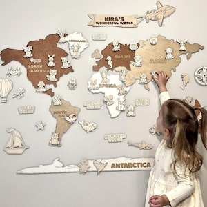 Carte du monde en bois scandinave, décoration éducative neutres, art mural bohème pour enfants, décoration en bois pour chambre d'enfant, bois écologique, carte du monde, décoration d'intérieur WMA1