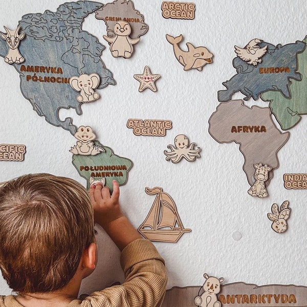 Educational Wooden kids playroom decor - World Map XXL - Montessori preschool activities toddler nursery playroom decor, personalized gift