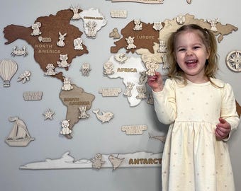 Safari nursery decor kids playroom Wooden wall eco-friendly natural wood, Kids world map, toodler beadroom. personalized baby gift WMA1