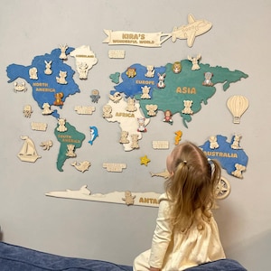 Weltkarte aus Holz für Kinder – Wandbild für Kinderzimmer, Spielzimmer, Geographie Karte, Kleinkind Zimmer Dekor, edukative Weltkarte, Lerngeschenk WMA1A