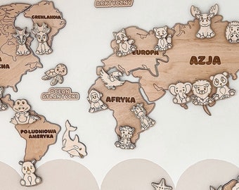 Personalized Safari Animal Wooden Wall Map - Kids World Map Decor for Safari Nursery and Travel-themed Playroom. Gift for Boy and Girl