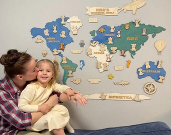 Wooden Animal World Map: Kids Nursery Decor, Educational Safari Theme