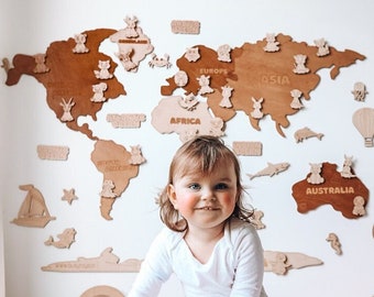 Personalized Wooden Kids Adventure World Map - Child-Safe Paint - Customize with Nameplate - Interactive Animal Figures - Educational Play