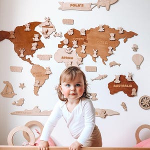 Spielzimmer Kinder Weltkarte Tier Wand Safari Thema Kinderzimmer Dekor, personalisierte Geburtstagskind Jungen Geschenk. Montessori Vorschulaktivitäten WMA1