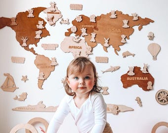 Personalized Wooden World Map for Kids: Safari Animal Decor