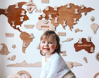 Playroom Wall Safari Nursery Decor, Kids World Map Animal, personalized girl boys baby gift. Montessori preschool activities