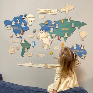 Carte du monde éducative en bois pour enfants, carte d'apprentissage Montessori, activités préscolaires, salle de jeux, décoration de chambre d'enfant, géographie, cadeau personnalisé WMA1