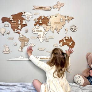 Carte du monde en bois pour enfants – Déco murale géographie Montessori, éducation préscolaire, salle de jeux pour chambre d'enfant, cadeau sur le thème des animaux, élément de décoration pour chambre de bébé WMA1A