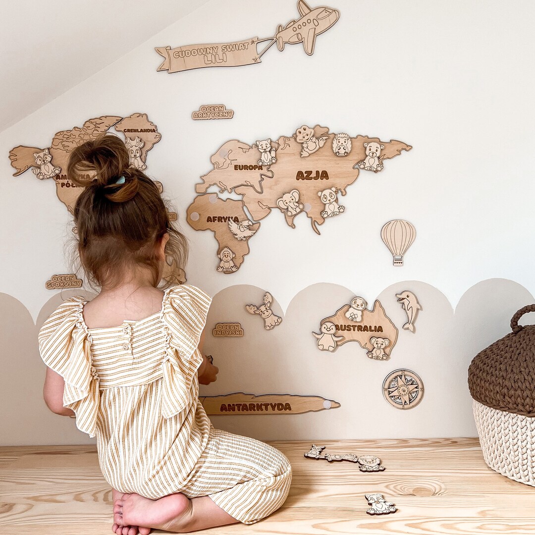 Custom Wooden World Map Wall Art, Colorful Safari Animal Decor for Kids