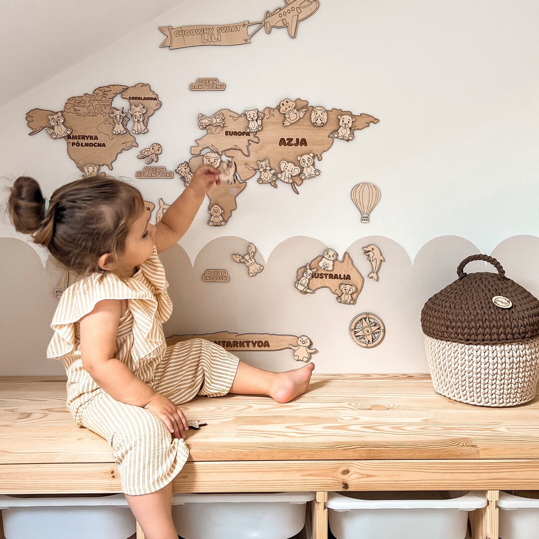Wall Wooden World Map Playroom Decor Toddler Room Safari Nursery Decor Babys Adult Room 1 2 3
