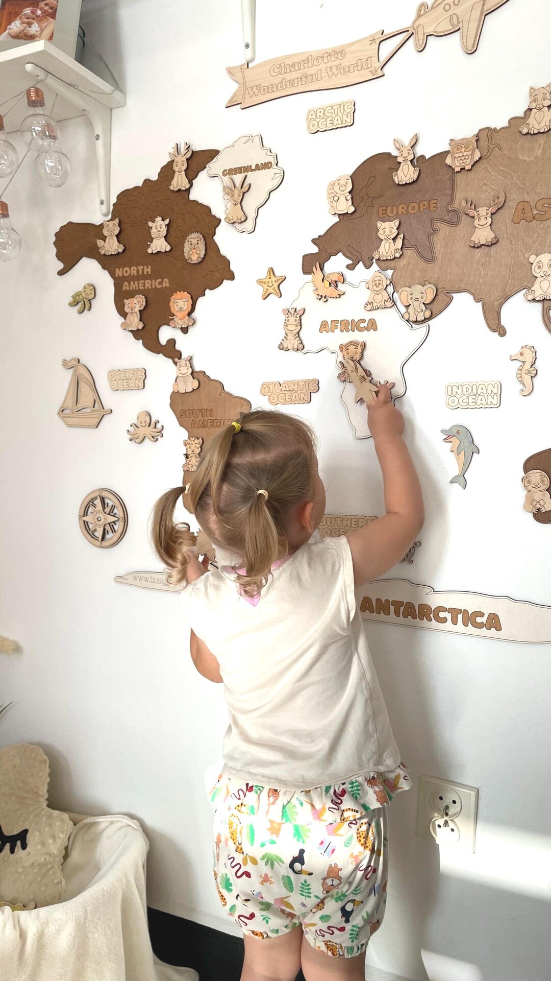 Personalized Safari Animal World Map Wooden Playroom Decor, Preschool