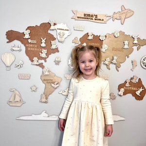 Décoration de salle de jeux pour enfants en bois, carte du monde en bois pour enfants, carte géographique interactive, décoration murale pour chambre d'enfant, oeuvre d'art pour salle de jeux, accent de chambre pour tout-petit WMA1A