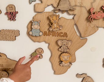 Wood World Map with Animals: Montessori Nursery Decor