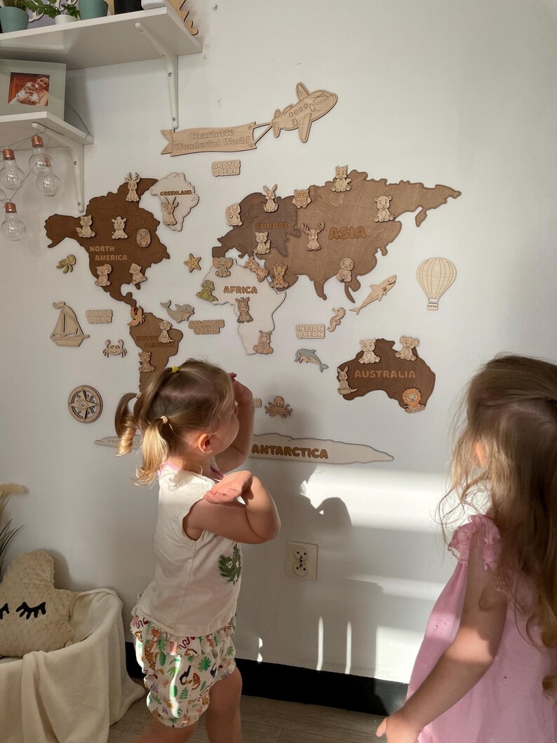 Personalized Safari Animal World Map Wooden Playroom Decor, Preschool