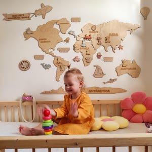 Weltkarte aus Holz für Kinder – Wanddeko, Spielzimmer, Geographie, Kinderzimmer, Montessori Karte, Baby Geschenk WMA1A