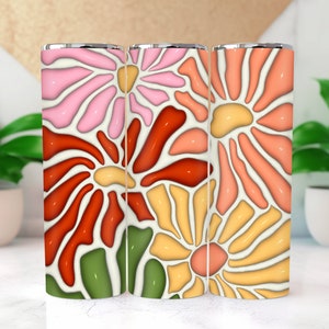 3D Inflated Puff Tumbler Wrap, Retro Flowers, 20 oz Skinny Straight Bubble Sublimation Design, 3D Puff Wrap, PNG Instant Digital Download