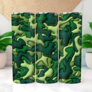 3D Inflated Puff Tumbler Wrap PNG, Seamless Camouflage Green Camo Print 20 oz Skinny Straight Sublimation Design, 3D Puffy Wrap Download