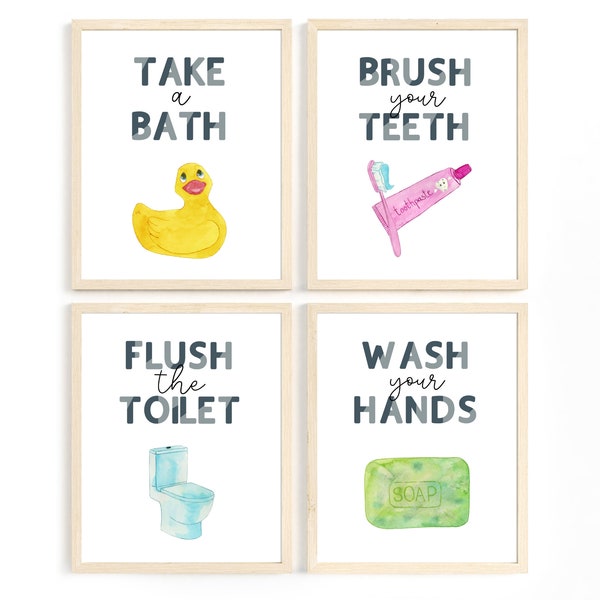 Kids Bathroom Art Set, Wash Your Hands, Watercolor prints, Bathroom Wall Prints, Children Wall Art, Kids Bathroom Decor, watercolor bathroom