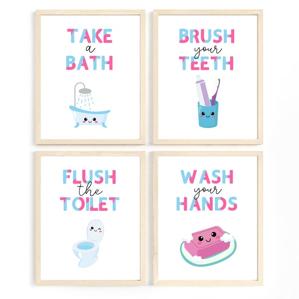 Kids Bathroom Art Set, Wash Your Hands, Kawaii Room Decor, Bathroom Wall Prints, Children Wall Art, Kids Bathroom Decor, kawaii bathroom