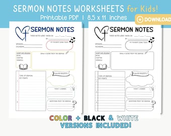 Kids Sermon Notes Printable PDF Worksheet, Instant Download, Bible Study guide planner, christian journal planner, church notebook