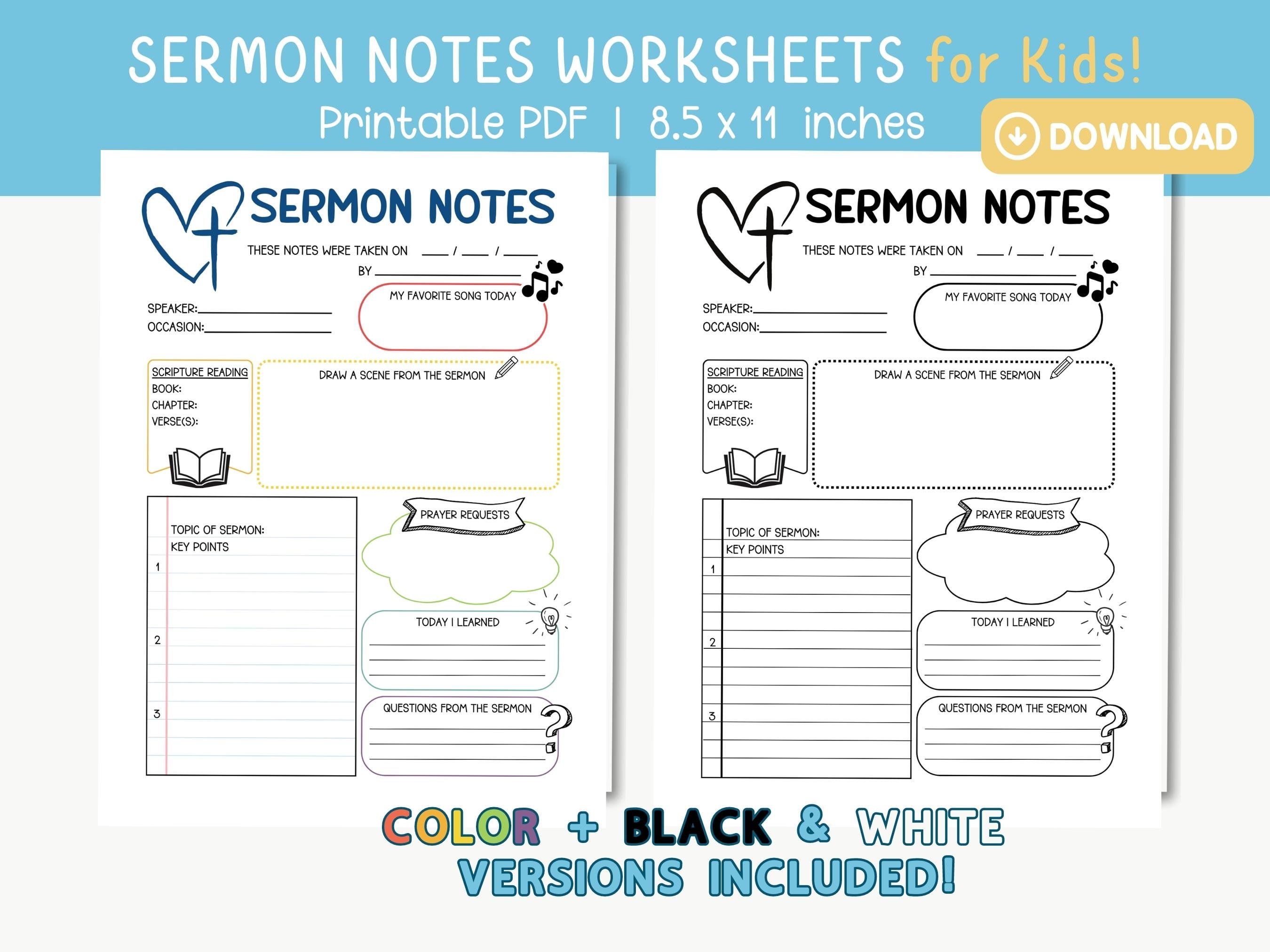 Kids Sermon Notes Printable PDF Worksheet, Instant Download