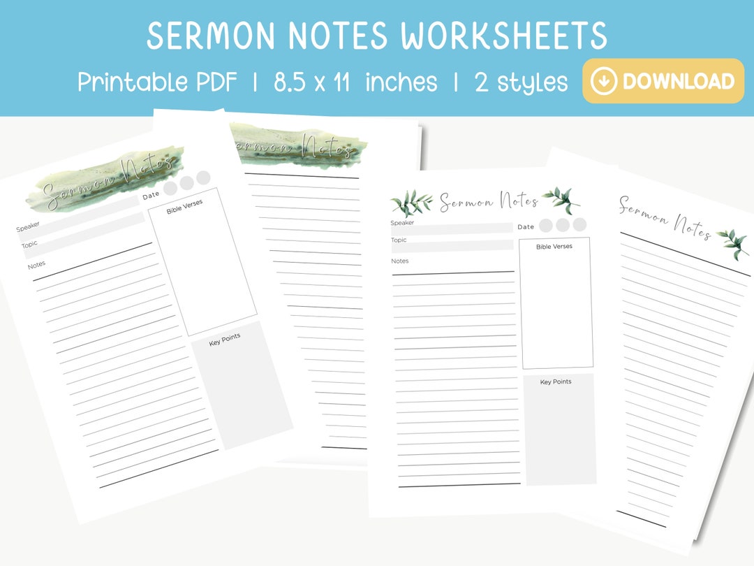 Sermon Notes Printable PDF Worksheet, Instant Download, Bible Study ...