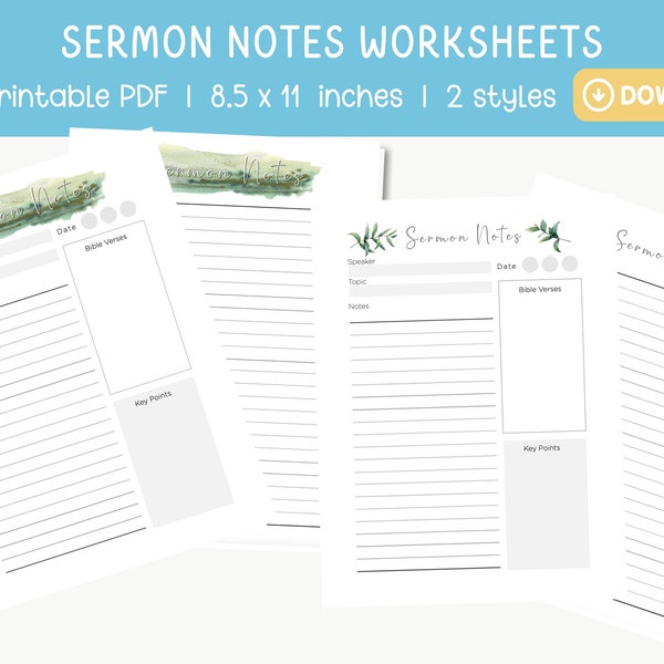 Sermon Notes Printable PDF Worksheet, Instant Download, Bible Study guide planner, christian journal planner, church notebook