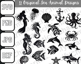 Sea Animal Bundle svg, png, jpg, dxf, Meerjungfrau svg, Oktopus svg, Hai svg, Muschel svg, Delfin svg, Meerestiere svg- Instant Download