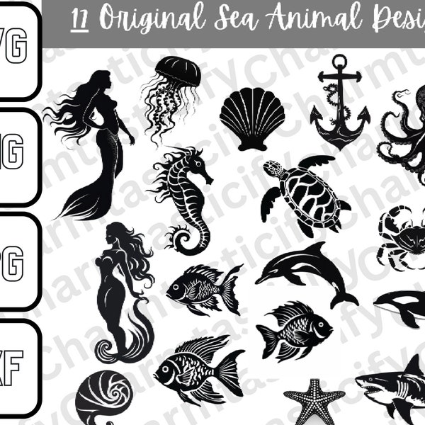 Sea Animal Bundle svg, png, jpg, dxf, mermaid svg, octopus svg, shark svg, seashell svg, dolphin svg, sea animals svg- Instant Download