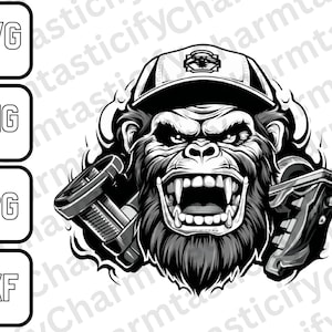 K&ouml;nnte beinhalten: Eine Schwarzwei&szlig;illustration eines Gorillas, der eine Baseballkappe tr&auml;gt und einen Schraubenschl&uuml;ssel und einen Schraubendreher h&auml;lt. Der Gorilla hat einen grimmigen Ausdruck und br&uuml;llt.
