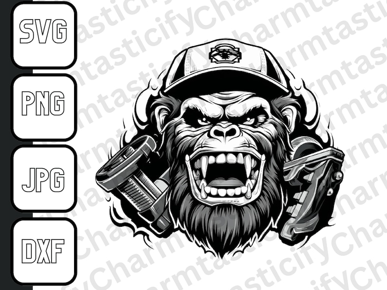 K&ouml;nnte beinhalten: Eine Schwarzwei&szlig;illustration eines Gorillas, der eine Baseballkappe tr&auml;gt und einen Schraubenschl&uuml;ssel und einen Schraubendreher h&auml;lt. Der Gorilla hat einen grimmigen Ausdruck und br&uuml;llt.