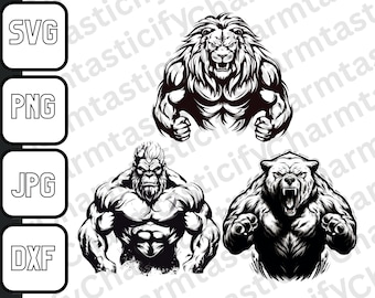 Lion svg, Gorilla svg, Bear svg - Unleash the Beast Mode with our Animal Bodybuilder svg, PNG, DXF, and JPG Bundle Files, T Shirt Printable!