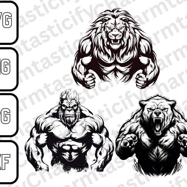 Lion svg, Gorilla svg, Bear svg - Unleash the Beast Mode with our Animal Bodybuilder svg, PNG, DXF, and JPG Bundle Files, T Shirt Printable!