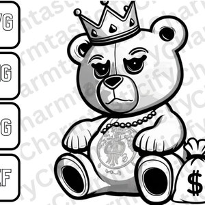 King Money Bag Oso de peluche SVG / Oso de peluche SVG / Cortar archivos Clipart Vector Digital Dxf Png JPG