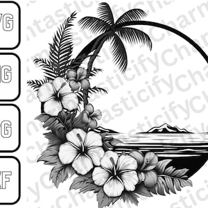 Tropische Blume Szene SVG, Palme svg, Hawaii svg, Aloha svg, tropischer Rahmen svg, Hibiskus svg, Strand svg, geschnittene Dateien, Cricut, Png, svg
