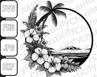Tropical Flower Scene SVG, Palm Tree svg, Hawaii svg, Aloha svg, Tropical Frame svg, Hibiscus svg, Beach svg, Cut Files, Cricut, Png, Svg