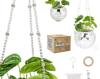 Hanging Disco Ball Planter - 7” Plastic Disco Ball Plant Hanger w/ Wooden Plant Stand - Disco Planter - Maximalist Decor for Home & Office