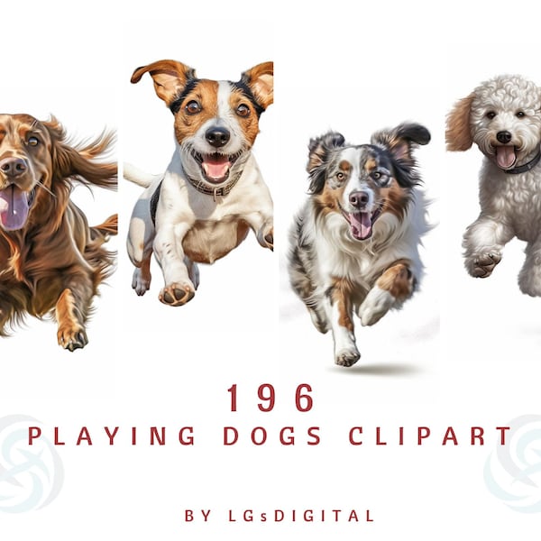 196 psów bawiących się clipartami | 49 clipartów ras psów | Akwarela Clipart | Pobieranie cyfrowe | Użytek komercyjny | PNG | 300 DPI
