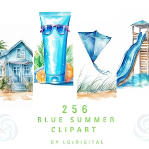 256 Blue Summer Clipart | Blue Beach Clipart | Watercolor Clipart | Digital Download | Commercial Use | PNG | 300 DPI